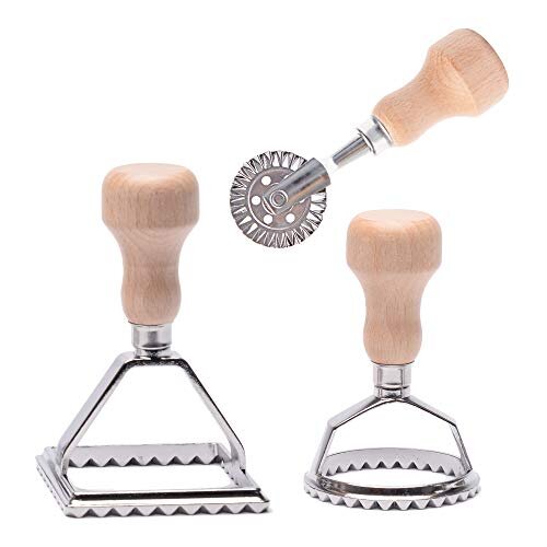 MASTER FENG Ravioli Stamp Maker Cutter, Mold with Wooden Handle and Fluted Edge Pasta Press Kitchen Attachment with Pastry Cutter Wheel - 3 Set